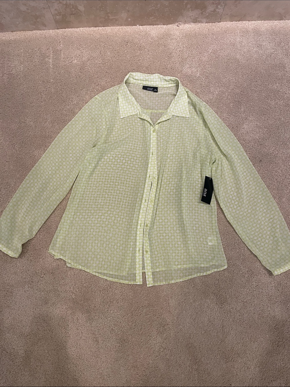 A.N.A. Green white longsleeve sheer top blouse size XL, NWT